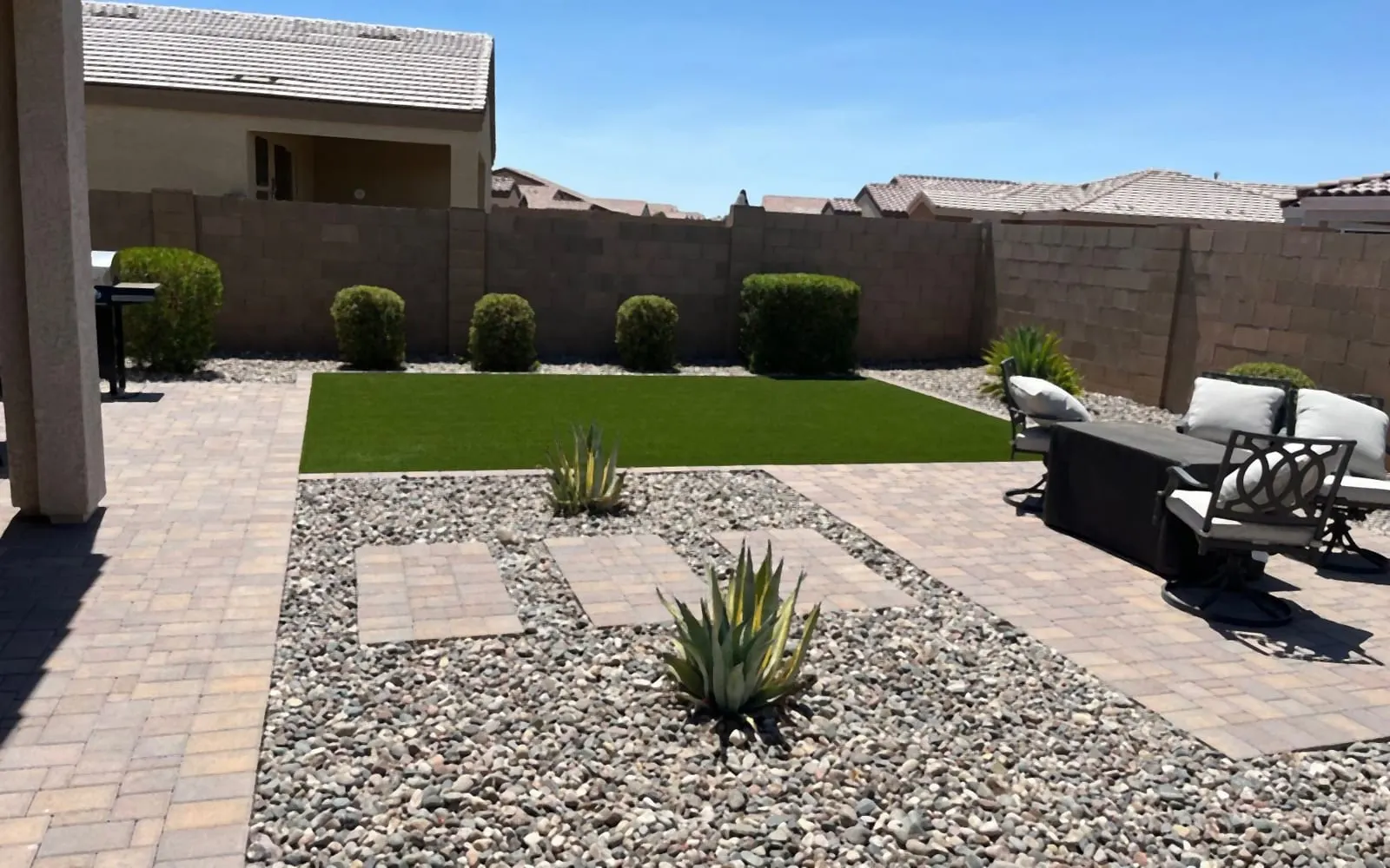Backyard with a paver patio, artificial turf, rock and a fire pit seating area
